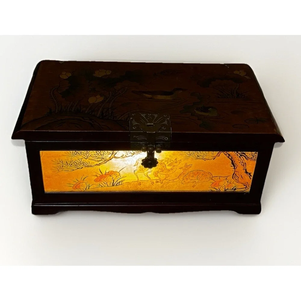 Antique Chinese Lacquered Dowry Box Chinoiserie Lamp Jewlery Art Deco Oriental